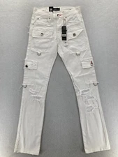 Preme Jeans Mens 28x33 Semi Stacked Fit Cargo Utility White Distressed Denim Y2K