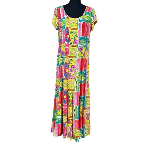 Jams World Patchwork Flounce Sleeve Boho Art to Wear Rayon Maxi Dress