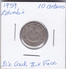 1959 Columbia 10 Centavos Die Crack Through Head Eye and Nose