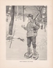Original Antique  Hunting; Snowshoeing W/ Winchester Model 94 Print: Watson 1907