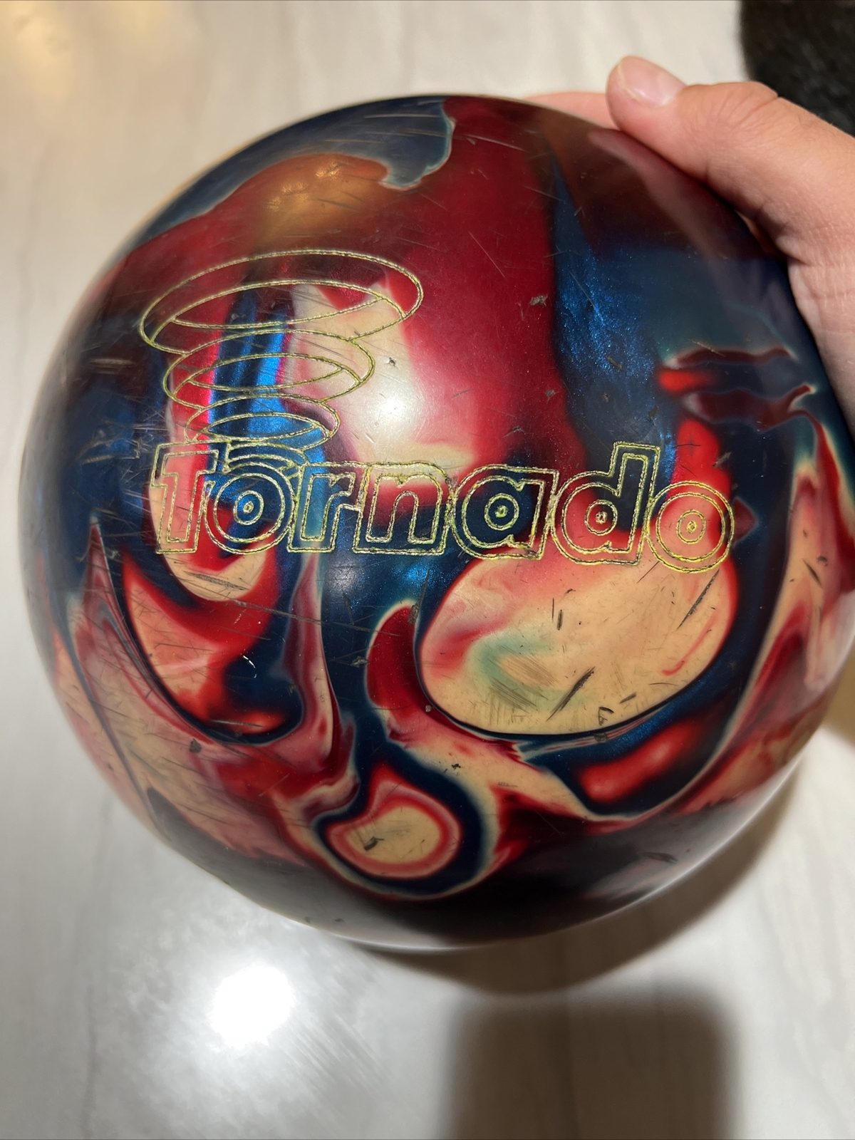 EBONITE TORNADO BOWLING BALL RED BLUE SWIRL PATTERN With a VINTAGE BAG