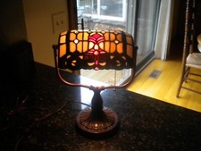 vintage STAINED GLASS TIFFANY style lamp white, ruby, amber and brown