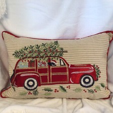 Christmas Tree Car Dog Embroidered Throw Pillow 14  x20  Velvet Back Feather Fill
