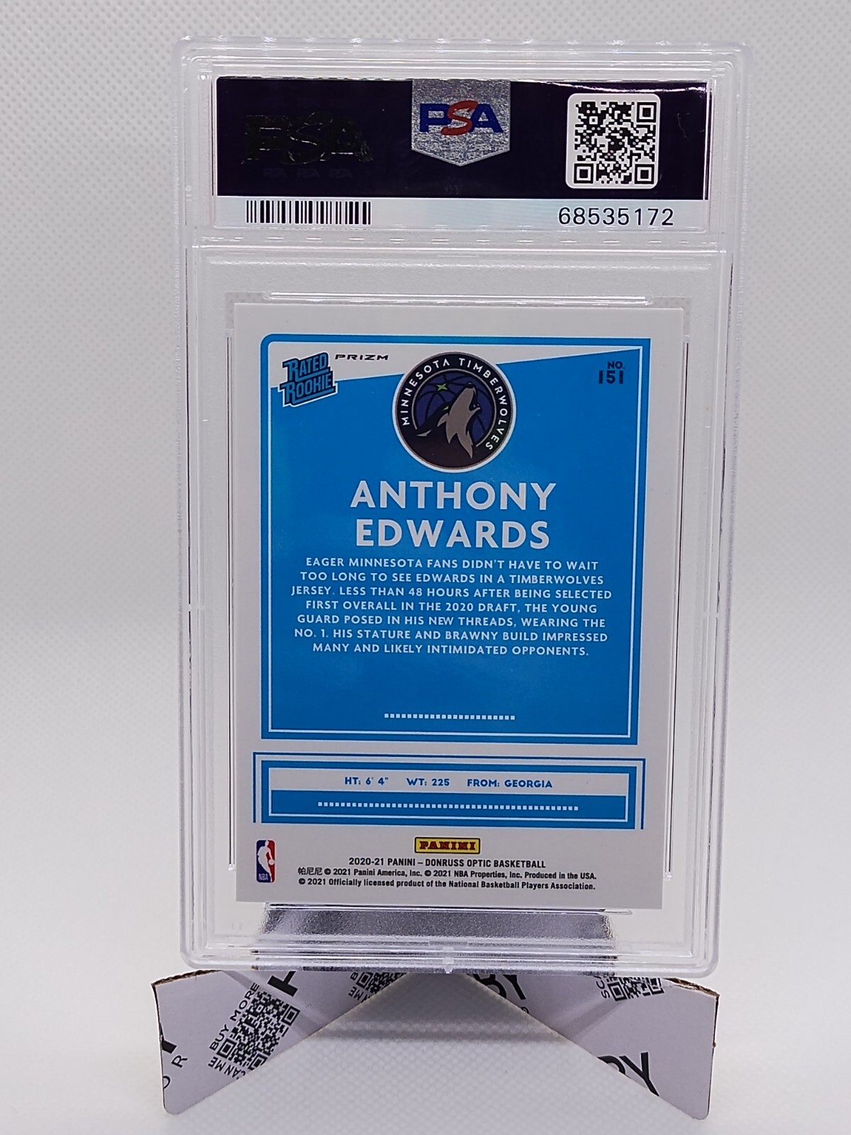 2020-21 Donruss Optic Anthony Edwards Blue Velocity Prizm Rookie RC PSA 10 #151 view 2