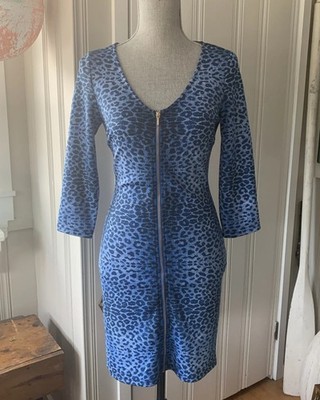 NWT bebe Blue Leopard Print Dress Gold Full Zip Up Front Mini Cocktail Small