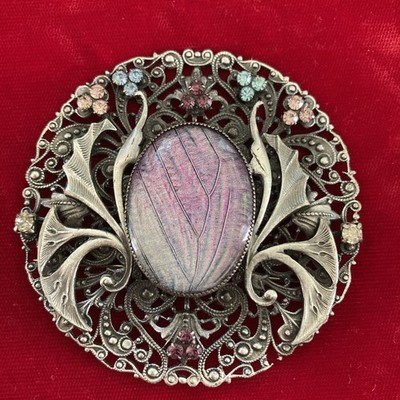  Large Ornate Sadie Green 3  Brooch w Fading Pink Stone