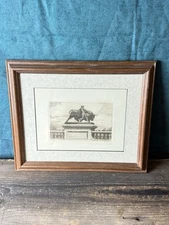 Antique Etching Liège Belgium “Le Taureau” Bull Statue O. Pasquier c.1920s
