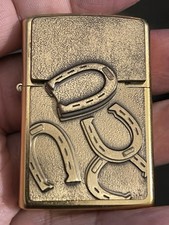 ZIPPO - Rare Vintage Lighter, "Ringer" Horse Shoes. 2008 Heavy Brushed Brass Box