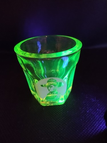 Vtg 1930s Uranium Vaseline Paneled 2" Shot Glass Bright Cowboy Etch Tom Mix ?