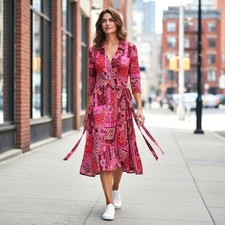 Isaac Mizrahi Live Wrap Dress Medium Pink Floral Patchwork Boho Mod A385438