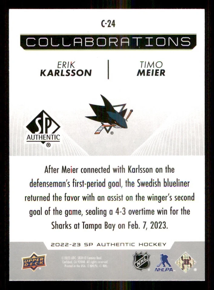 2022-23 SP Authentic Collaborations #C24 Erik Karlsson/Timo Meier - Image 2 of 2