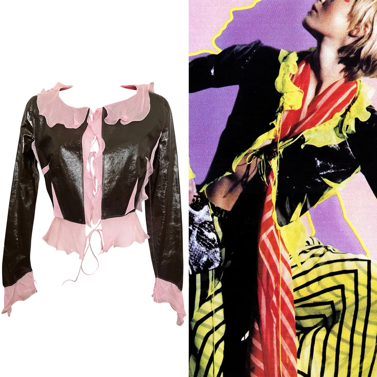 Fendi — Fendi by Karl Lagerfeld S/S 2000 patent leather jacket pink silk chiffon trim