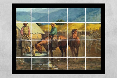 ready to hang ceramic tile mural backsplash. starting the day western cowboy