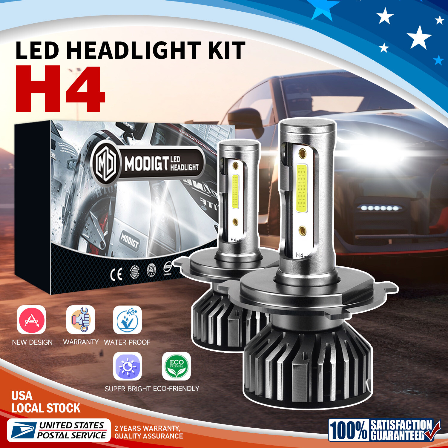 H4 LED Headlight Bulb Kit High Low Beam 200W 20000LM Super Bright 6000K White 2x