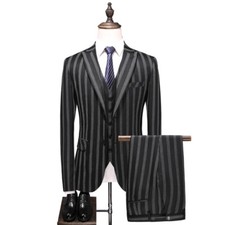 Men's Black Striped Peak Lapel Party Prom 3 Piece Groom Tuxedo Wedding Suit
