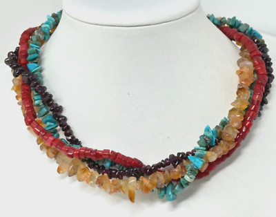 TD Designs 925 Sterling Silver Turquoise Coral Garnet Carnelian Bead Necklace