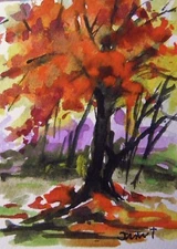 ORIGINAL ACEO  Maple landscape  painting JMW art John Williams ATC Watercolor