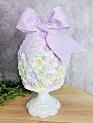 Easter Egg Purple Pink Pedestal Floral Lavender Flowers 7'' Resin Glitter Spring