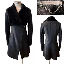 SCANLAN THEODORE $2000 Black Suede Leather+Shearling Asymmetric Zip Coat Medium