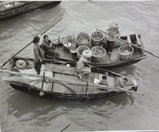 Vtg Photo Hong Kong Japan Sanpan's rice fish hat Boats Baskets of Fish 8"x10"
