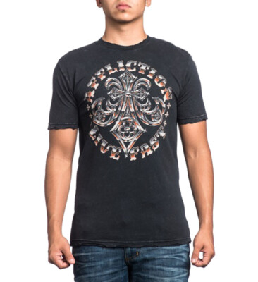  Affliction Men Shirt Live Fast Short Sleeve Crew Neck Fleur Eagle in Black Wash
