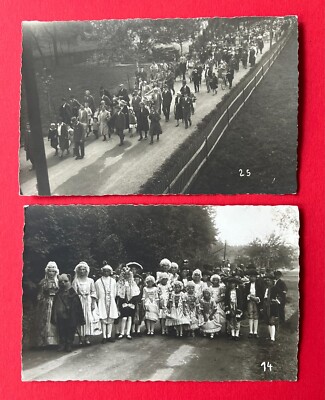 2 x occasion photo postcard Freiberg around 1930 parade with types in costumes (140177