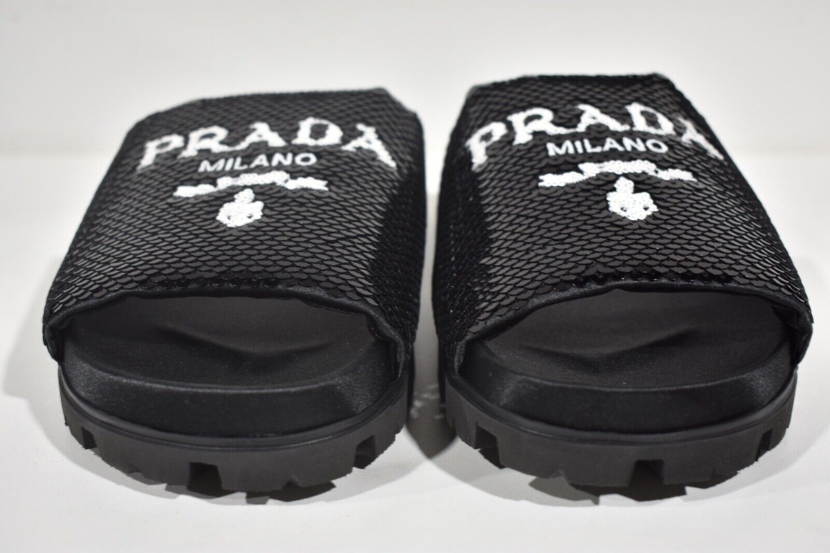 Prada Palm Slipper Prada Black Sequin White Logo Slide Sandal Slip