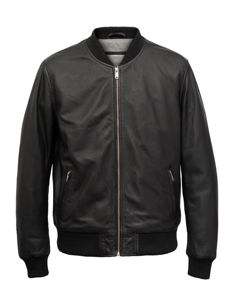 Men's Leather Jacket Flight Bomber Real Lambskin Leather bomber Jacket Black