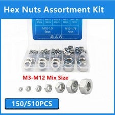150/510PCS Assorted Stainless Steel Hex Nuts Assortment Kit M3-M12 Mix Size