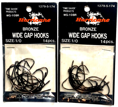 2 PACKS Hurricane WG-10BR Wide Gap Hook Size 1/0 Bronze 14 Count Package