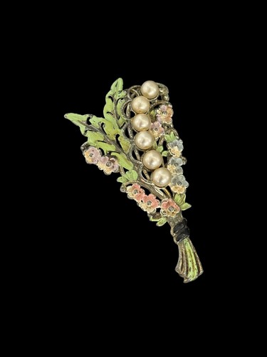 Vintage Bouquet Enamel Flowers Pearl Brooch Pin - Picture 4 of 7