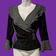 Vtg 90s Y2K Black Velvet Evening Top Sz M Whimsigoth Ruffle Dark Fairy Gothic 3B