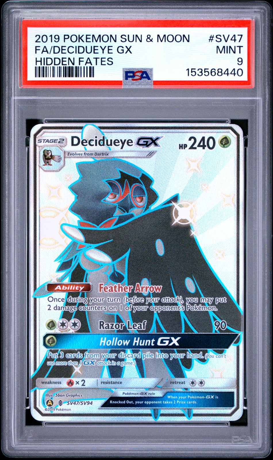 2019 POKEMON SUN & MOON HIDDEN FATES #SV47 FULL ART/DECIDUEYE GX PSA 9