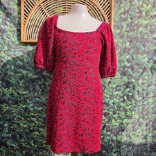 Free People Red Blue Textured Knit Puff Sleeve Square Neck Mini Dress Small