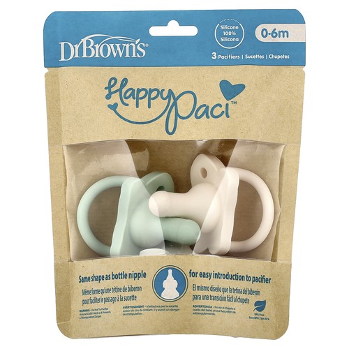 HappyPaci™ Pacifier, 0-6 Months, Green, Grey & Ecru, 3 Count