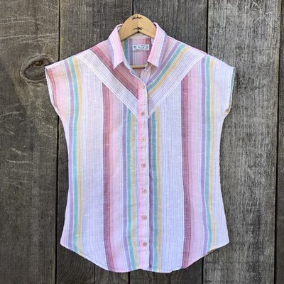 Vintage 80s Pastel Stripe Cap Sleeve Blouse H.I.S. Small