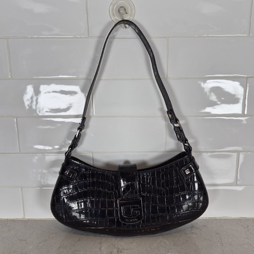 GUESS Y2K Croc Embossed Patent Shoulder Baguette Bag Black G Logo Buckle Retro