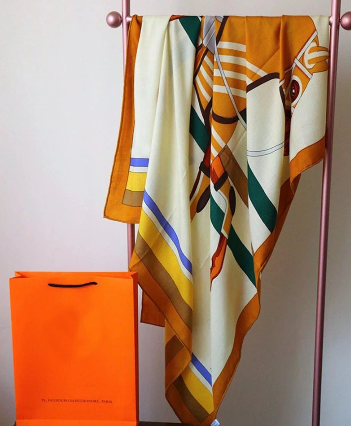 70% Cashmere 30% Silk Scarf 52'' Yellow belt Print Neckerchief Shawl Wrap new