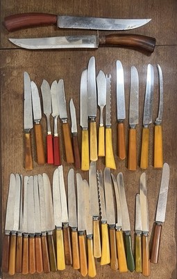 Large Lot 37 Pc. Bakelite Knife Set Variety Cherry Green Caramel Vtg As Is