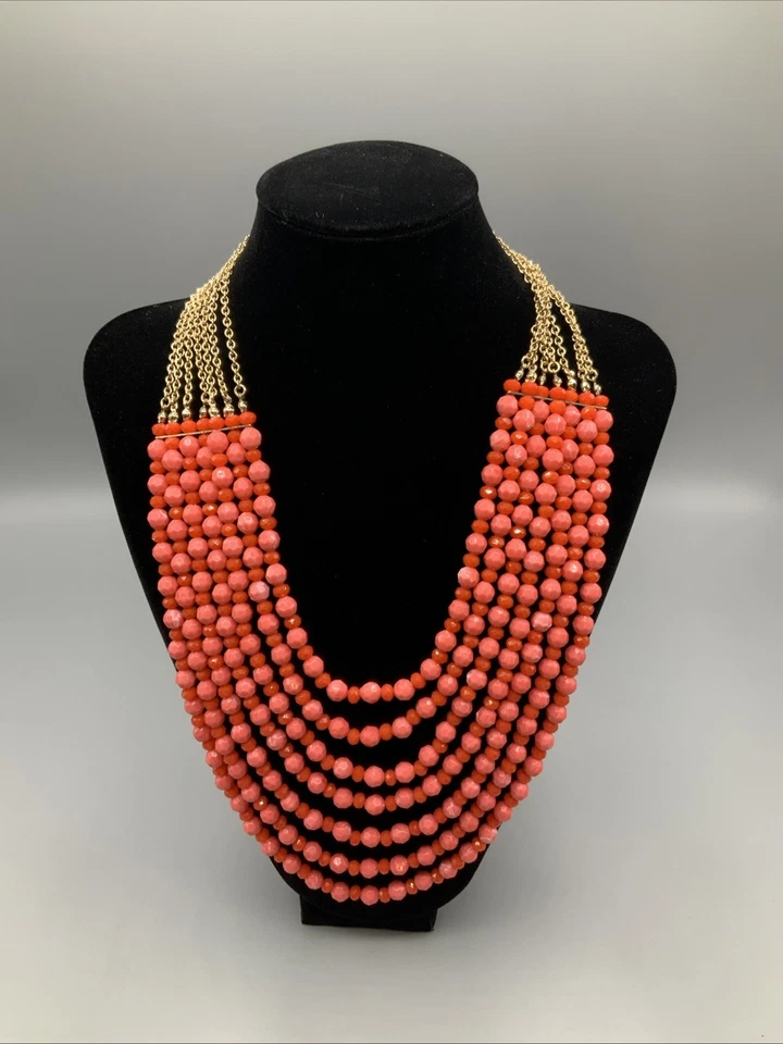 23” Premier Designs 7 Strand Necklace Pink Coral Tone Faceted Beaded Gold Tone - Image 3 of 4