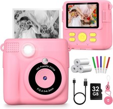 Gofunly Niños Cámara Instantánea Rosa 1080P Impresión Digital Juguete 32GB Tarjeta Selfie