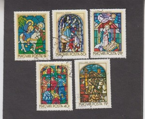 Hungary 1972. Stained-glass Windows. Muses, Scribe, Exodus to Egypt Nativity.