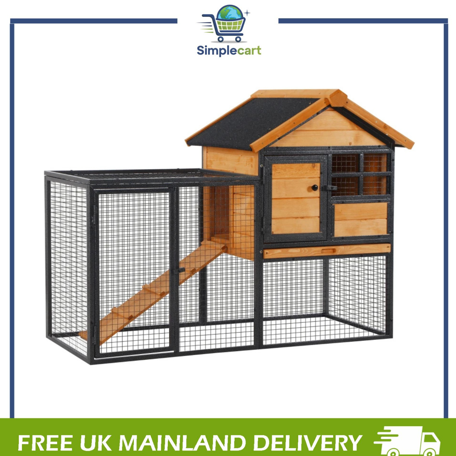 Pawhut Light Yellow Wood-Metal Rabbit Hutch Elevated Pet Bunny House Rabbit Cage With Slide-Out Tray Outdoor - Image 2