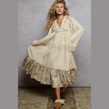 Pol Boho Midi Dress Double Gauze Patchwork Oversize Loose Fit Ivory Size S M L