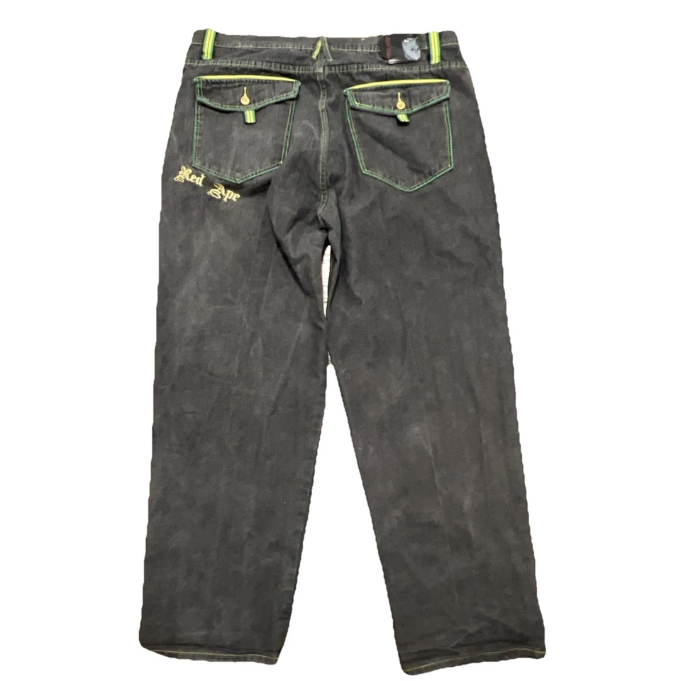 Jeans bordado vintage Red Ape 42x33 folgado Y2K streetwear skatista preto ponto chicote - Imagem 3 de 4