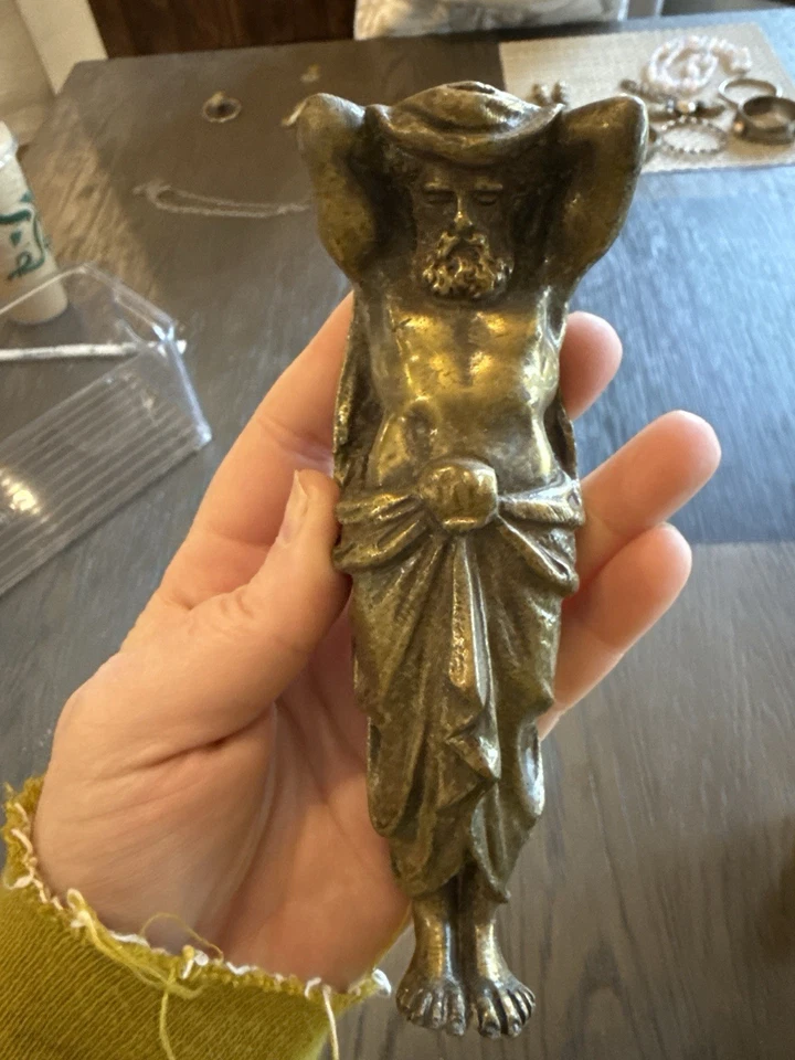 "Antiguo elemento de llamador de puerta con figura arquitectónica de bronce Atlas Man 7,5"" raro" Foto 3 de 4