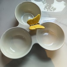 NORA FLEMING Hand Signed Triple Dish - Pearl Dot With Yellow Butterfly Retired