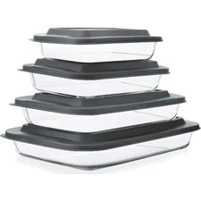8-Piece Deep Glass Baking Dish Set with Plastic Lids Rectangular Bakeware New