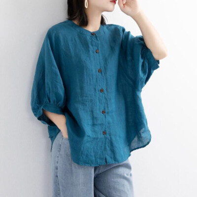 Women's Linen Shirts Blouse Top Button 3/4 Sleeve Loose Casual Vintage Summer