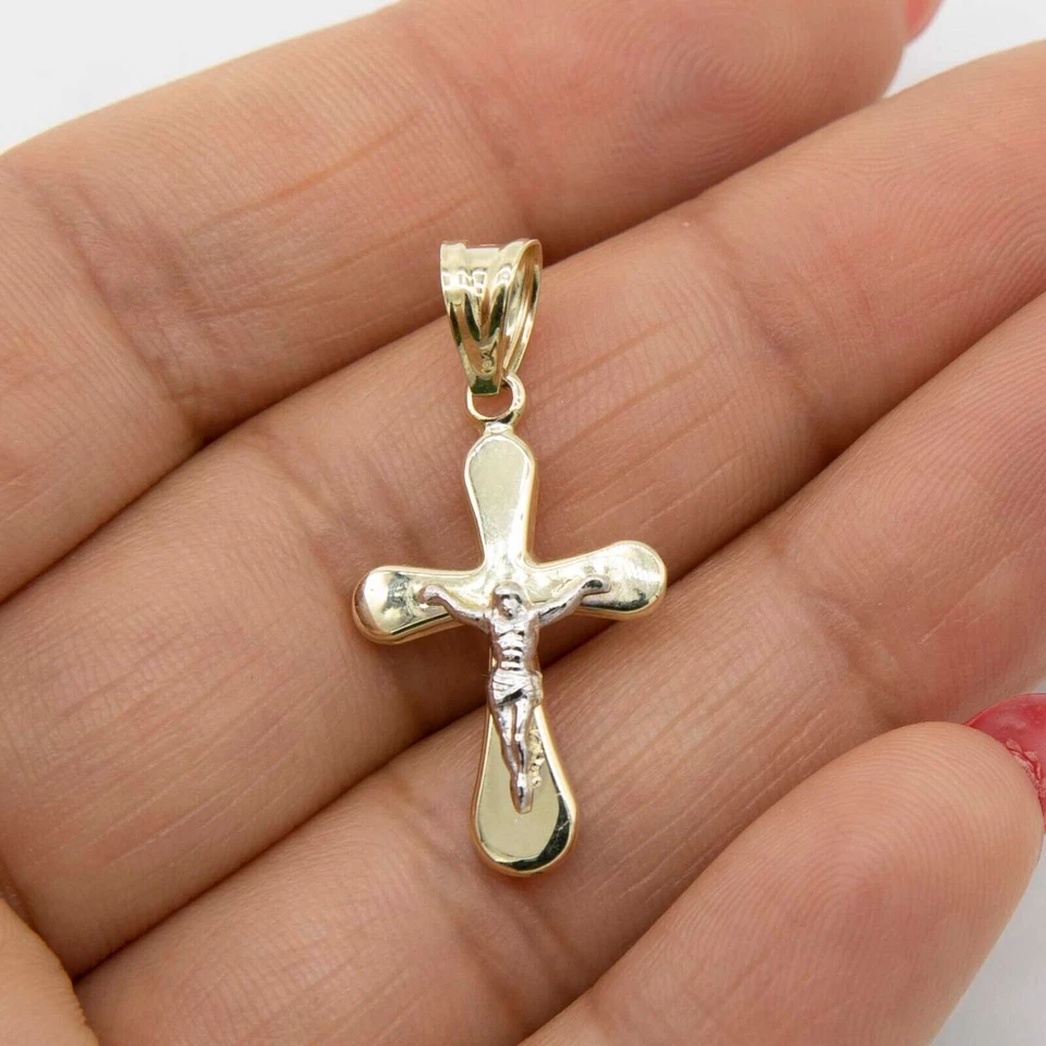 Colgante Cruz Brillante Crucifijo Jesús Dos Tonos 1 1/4" Real Oro Amarillo Blanco 10K